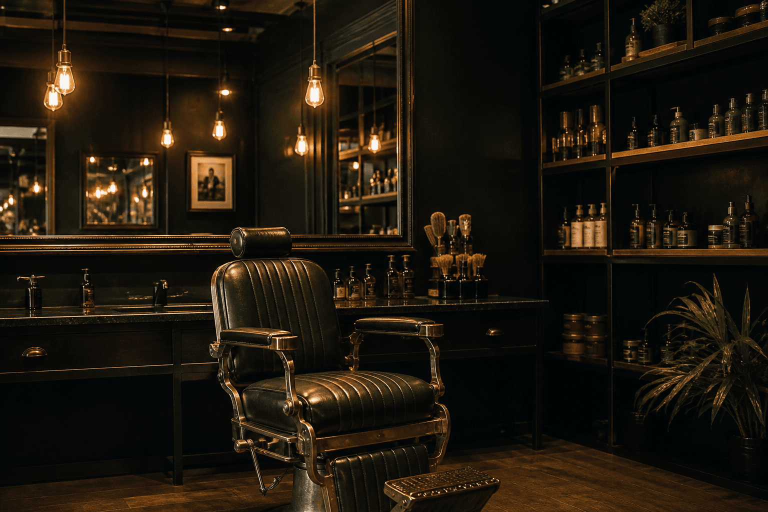 Interior de barbearia moderna com cadeira de couro, espelho e iluminação quente